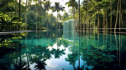 Wall Mural - Swimming pool in beautiful scenery, swimming pool in the jungle, swimming pool in a luxury hotel, relax. Ai illustration, fantasy digital painting, Generative AI