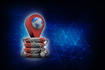 Fototapete - 3d rendering Red map pointer in life belt protection lock