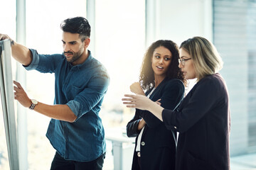 Leinwandbilder - Brainstorming board, collaboration meeting and business people cooperation, research conversation or work on plan. Teamwork, group planning or designer team discussion on strategy, ideas or moodboard