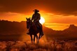 © bluebeat76 - A silhouette of a cowboy riding against a vibrant sunset, capturing the beauty and solitude of the Western frontier. Generative Ai