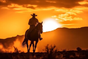 Naklejka na meble A silhouette of a cowboy riding against a vibrant sunset, capturing the beauty and solitude of the Western frontier. Generative Ai