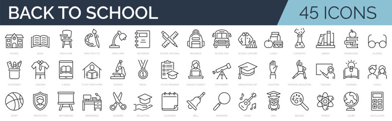 Set of 45 line icons related to back to school, education, learning, school. Outline icon collection. Editable stroke. Vector illustration.