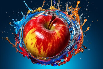 Poster - A vibrant photograph Apple splashed in bright paint, symbolizing freshness and health.  Generative AI technology.