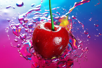 Poster - An abstract surreal photograph of a Cherry splashed in bright paint, symbolizing freshness and health.  Generative AI technology.