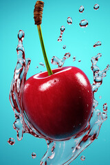 Poster - An vibrant image of a Cherry splashed in bright paint, symbolizing freshness and health.  Generative AI technology.