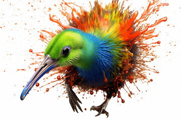 Poster - An abstract surreal photograph of a Kiwi splashed in bright paint, symbolizing freshness and health.  Generative AI technology.