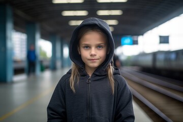 Wall Mural - Medium shot portrait photography of a glad kid female wearing a comfortable hoodie against a train station background. With generative AI technology