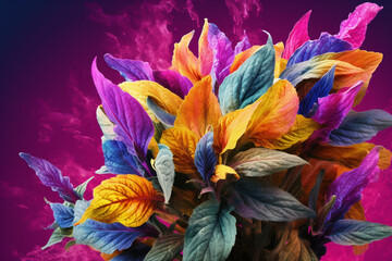 Poster - An abstract surreal photograph of a Salvia divinorum (Diviner's Sage) splashed in bright paint,  Generative AI technology.