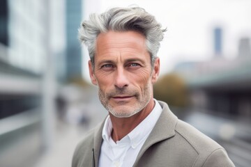 Wall Mural - Close-up portrait photography of a tender mature man wearing an elegant long-sleeve shirt against a futuristic cityscape background. With generative AI technology