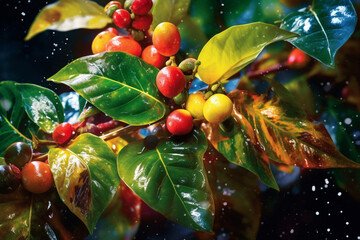 Aufkleber - An abstract surreal photograph of a Ayahuasca analog plants (Psychotria viridis, Diplopterys cabrerana) splashed in bright paint,  Generative AI technology.
