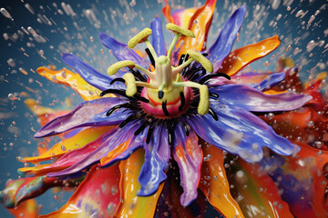 Poster - An abstract surreal photograph of aPassionflower (Passiflora incarnata) splashed in bright paint,  Generative AI technology.