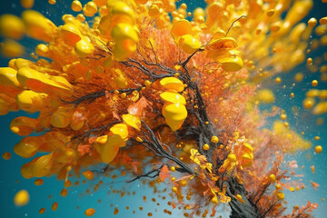 Aufkleber - An abstract surreal photograph of a Acacia (Acacia spp.) splashed in bright paint,  Generative AI technology.
