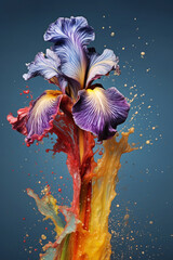 Poster - An abstract surreal photograph of a Iris splashed in bright paint.  Generative AI technology.