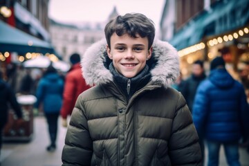 Wall Mural - Environmental portrait photography of a happy boy in his 30s wearing a cozy winter coat against a bustling marketplace background. With generative AI technology