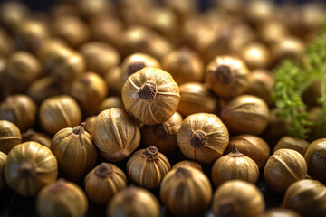 Aufkleber - A close-up shot of coriander seeds, featuring their round shape and golden-brown color. Generative AI technology.