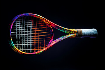 Poster - An artistic photo of a tennis racket, highlighting its sleek frame, strings, and grip.  Generative AI technology.