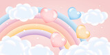 Fototapeta Dziecięca - 3d baby shower, rainbow with clouds and balloons on the starry sky, children's design in pastel colors. Background, illustration, vector.