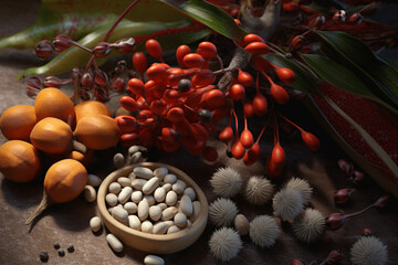 Poster - A picture capturing Yopo (Anadenanthera spp.), showcasing its seed pods, seeds, and traditional use for psychoactive snuffs and rituals.  Generative AI technology.