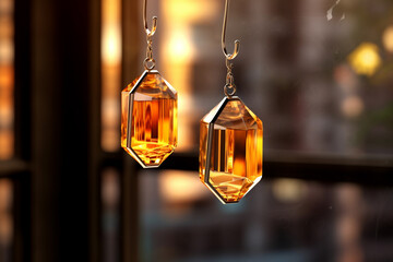 Leinwandbilder - An artistic photo of a pair of dangle earrings featuring faceted Citrine gemstones, catching the light and adding a touch of warmth and positivity to any outfit.  Generative AI technology.