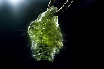 Aufkleber - An artistic photo of a raw Moldavite pendant suspended on a leather cord, displaying its unique and otherworldly greenish color, Generative AI technology.
