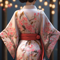 Poster - A photo showcasing Japanese kimono patterns, featuring intricate designs inspired by nature, such as cherry blossoms, waves, or cranes, representing beauty. Generative AI technology.