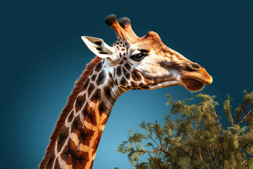 Poster -  A tall and elegant giraffe captured in a photograph, showcasing its long neck and distinctive spotted coat.  Generative AI technology.