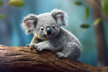Poster -  A cute and cuddly koala perched on a tree branch, capturing its fluffy fur and laid-back nature. Generative AI technology.