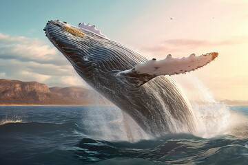 Poster -  A breathtaking image of a whale breaching the surface of the ocean, showcasing its massive size and majestic presence.  Generative AI technology.