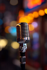 Aufkleber - A microphone in focus against a blurred background, symbolizing the power and importance of sound amplification and communication.  Generative AI technology.