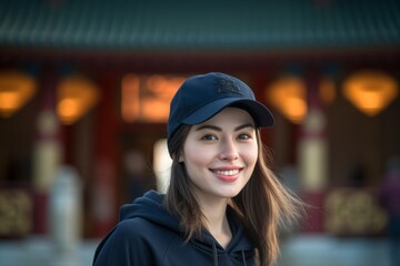 Wall Mural - Lifestyle portrait photography of a glad girl in her 30s wearing a cool cap against a traditional asian temple background. With generative AI technology