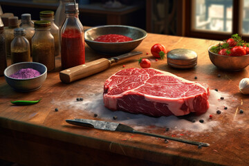 Aufkleber - A butcher seasoning and marinating meat, illustrating the flavor-enhancing techniques employed by a skilled professional. Generative AI technology.