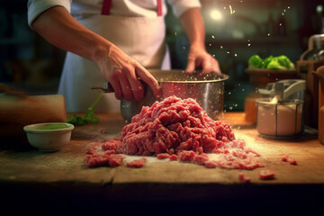Aufkleber -  A butcher preparing ground meat for burgers or meatballs, emphasizing the versatility and culinary possibilities of minced meat. Generative AI technology.