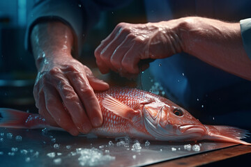 Poster -  An image of a butcher's hands skillfully deboning a fish, illustrating the expertise and versatility of a professional butcher in handling seafood.  Generative AI technology.