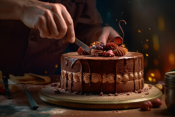 Poster -  An image of a confectioner expertly layering and assembling a decadent chocolate mousse cake, emphasizing the craftsmanship and attention to detail.  Generative AI technology.