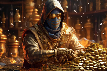 Poster -  An image of a bandit holding a sack of stolen money, surrounded by stacks of gold coins and jewels,  Generative AI technology.
