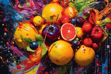 Poster -  An abstract painting featuring bold, vibrant brushstrokes that resemble the shape and colors of various fruits,  Generative AI technology.