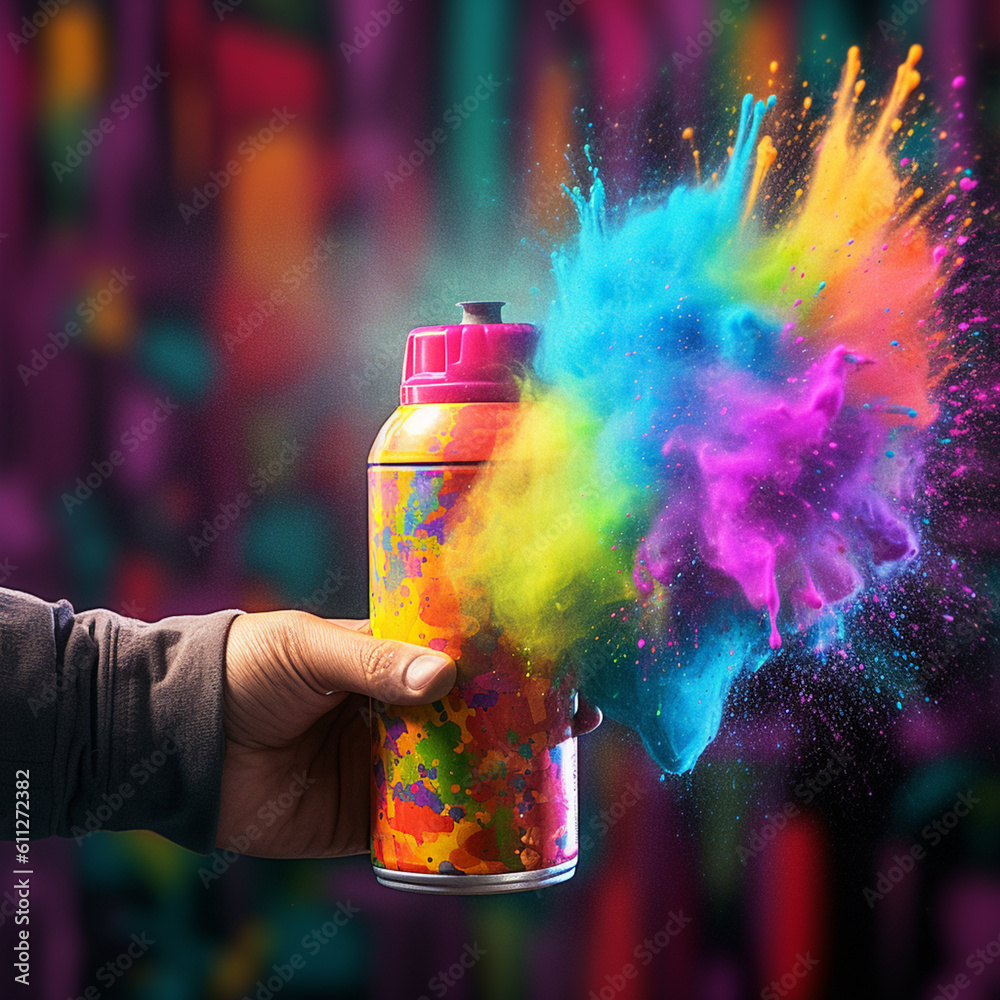A close-up photograph of a hand holding a vibrant aerosol spray can ...