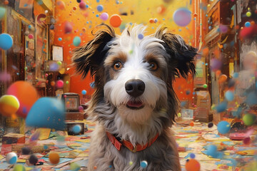 Poster -  A mixed media artwork combining collage elements and abstract brushstrokes to depict a pet trainer teaching commands to dogs.  Generative AI technology.