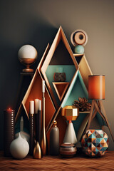 Poster - A set of geometric-themed home decor items for a gentleman's space, including vases, lamps, and wall art,  Generative AI technology.