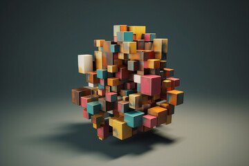 Leinwandbilder -  An abstract geometric sculpture composed of intersecting cubes, with clean lines and contrasting materials, creating a visually dynamic and modern piece.  Generative AI technology.