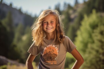 Wall Mural - Headshot portrait photography of a happy kid female wearing a fun graphic tee against a national park background. With generative AI technology