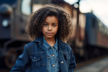 Wall Mural - Close-up portrait photography of a glad kid female wearing comfortable jeans against a historic train background. With generative AI technology