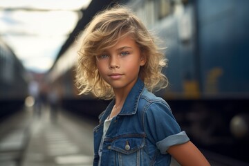 Poster - Close-up portrait photography of a glad kid female wearing comfortable jeans against a historic train background. With generative AI technology