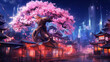 fantasy night city of Japanese culture with cherry blossom tree, neon lights, night city life, leaves falling down. Generative Ai