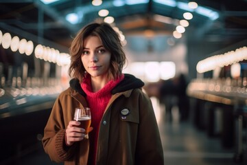 Canvas Print - Environmental portrait photography of a satisfied mature girl wearing a cozy winter coat against a lively brewery background. With generative AI technology