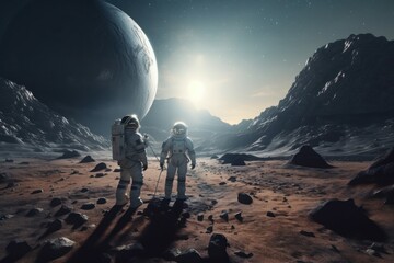Wall Mural - astronauts exploring planet sunlight. generate ai
