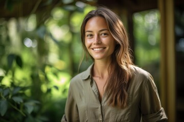 Poster - Medium shot portrait photography of a satisfied girl in her 30s wearing a casual short-sleeve shirt against a serene tea garden background. With generative AI technology