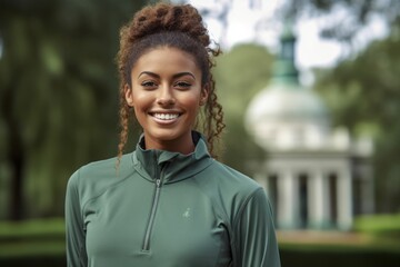 Wall Mural - Close-up portrait photography of a joyful girl in her 30s wearing a comfortable tracksuit against a historic plantation background. With generative AI technology