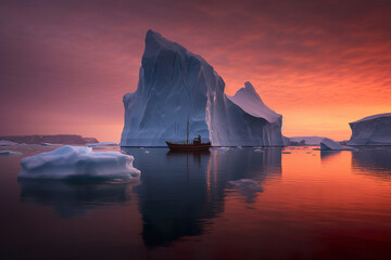 Wall Mural - Boat sailing by icebergs in the Arctic and Antarctic sea in a frozen sea at sunset Generative AI