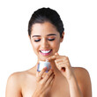Cream, product or happy woman with dermatology skincare isolated on transparent png background. Face beauty, smile or beautiful girl model grooming with facial lotion, sunscreen or cosmetics